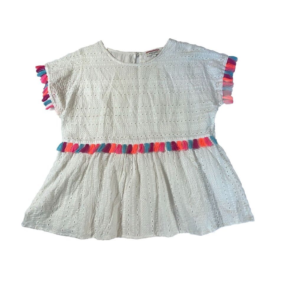 Andree White Babydoll Top Large Eyelet Boho Summer Beach Boutique Tassels Ruffle